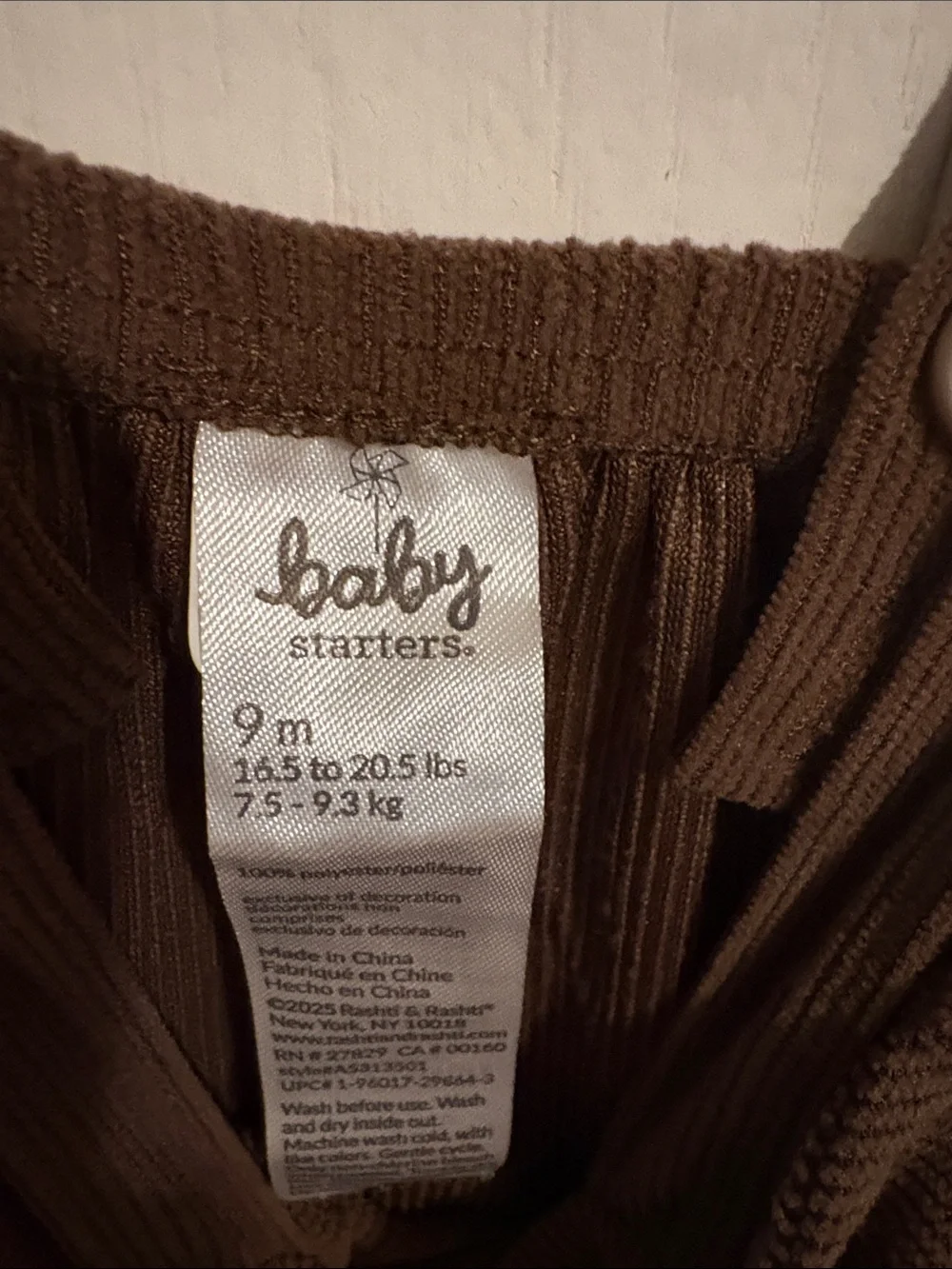 Baby Starters Brown Corduroy Ruffle Strap Overalls with Embroidered Flowers